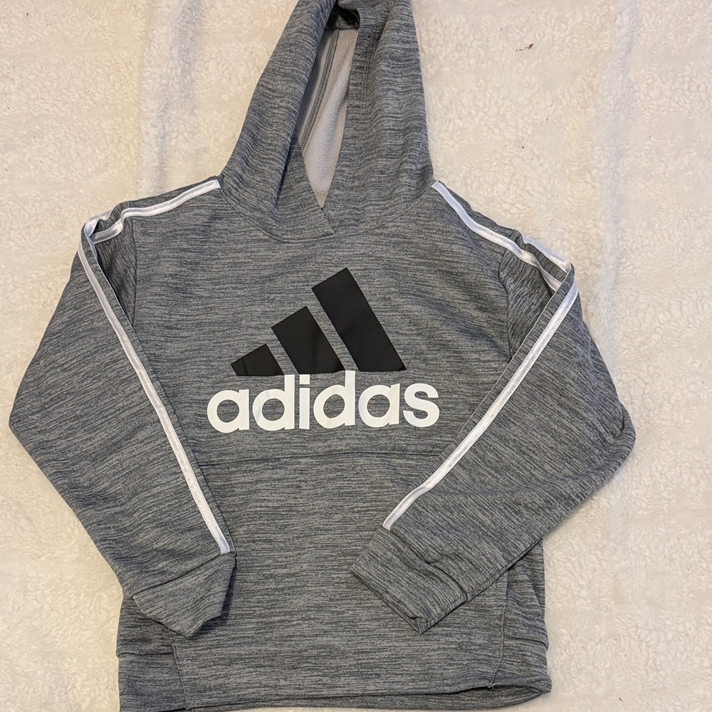 adidas Gray Heather Logo Hoodie with White Stripe Accents